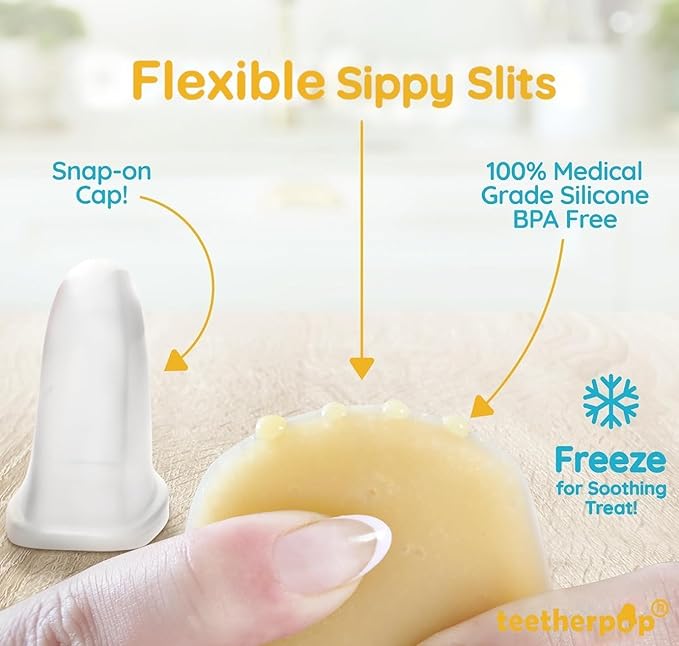 Teetherpop Fillable Silicone Teether for Babies (4-Pack) – Breastmilk Popsicle Molds for Teething w/Spill-Proof Sippy Slits – Freezable Baby Teethers for Liquids & Purées (PinkLemon/LimonTeal/Fucshia)