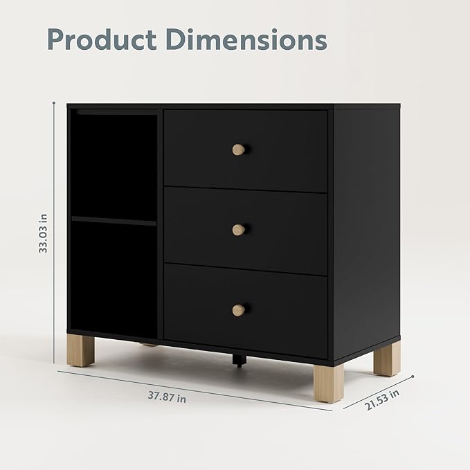 Storkcraft California 3 Drawer Combo Dresser (Black with Driftwood) – GREENGUARD Gold Certified, Interlocking Drawer System, Pre-Installed Drawer Tracks for Easier Assembly, Spacious Cabinet