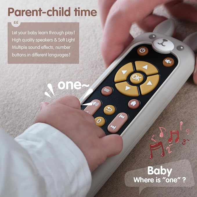 Nueplay Baby TV Remote Control Toy with Silicone Teether Cover, Toddler Realistic Controller, Early Number Learning in 3 Languages (English, Spanish & French), Preschool Girls Toys 6, 12, 18 Months