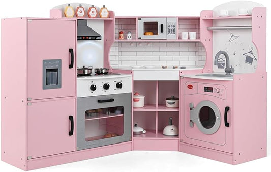 Costzon Corner Kids Kitchen Playset, Wooden Play Kitchen with Sounds & Lights, Washing Machine, Range Hood, Ice Maker, Microwave, Oven, Sink, Pretend Toy Kitchen Set for Toddler, Gift for Boys Girls