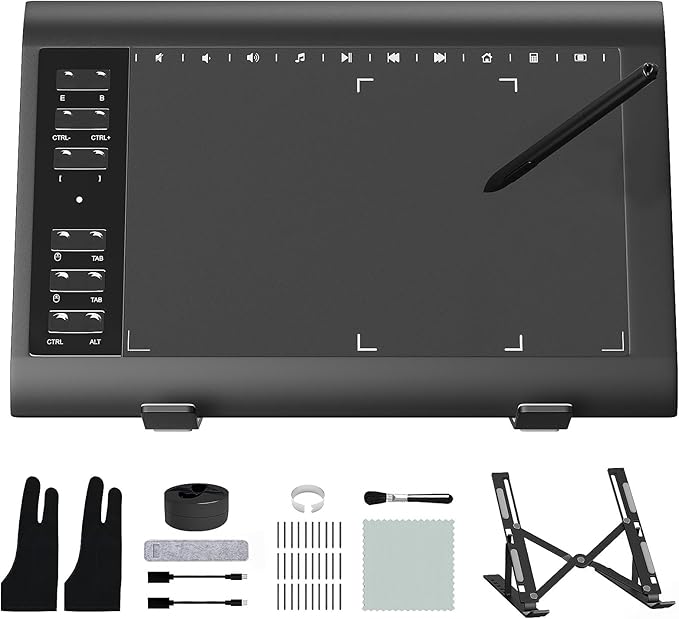 Graphic Drawing Tablet, ienRon 10x6.25 Inch,Digital Graphics Tablets for PC and Computer/Pad- 8192 Pressure Battery-Free Pen, 12 Hot Keys, Compatible Windows/Android, Includes Stand,Good Gifts,Black