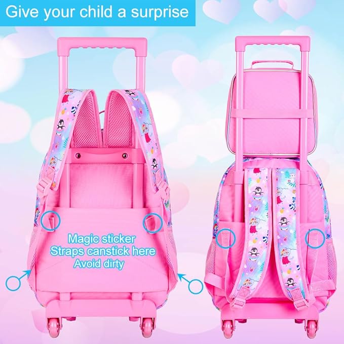 Girls Rolling Backpack, Cute Raccoon Roller Wheels Kids Bookbag - Wheeled Elementary School Bag - 3PCS Raccoon