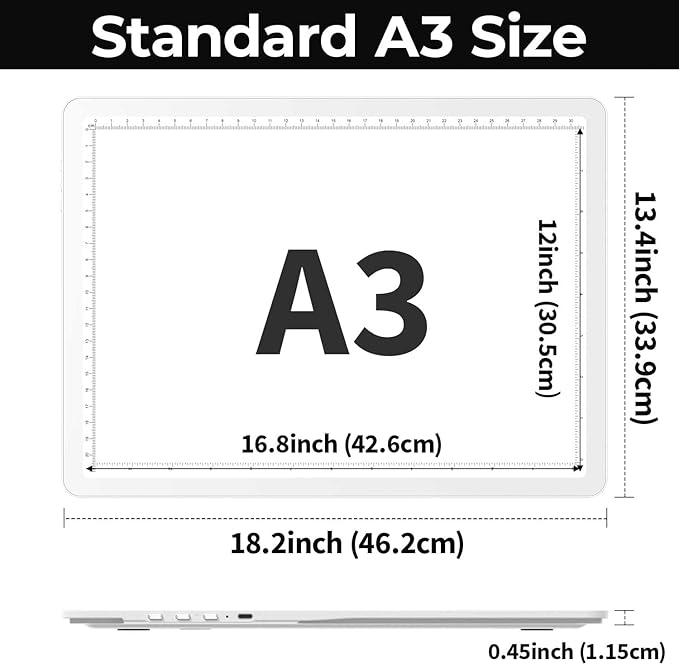 Zocelight Rechargeable A3 Light Board with Built-in Stand & Bag,Super Bright Magnetic Light Box for Tracing,Wireless Light Pad for Diamond Painting,Side Buttons,LED Light Table for Drawing(White)