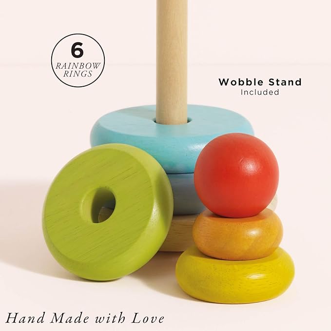 Le Toy Van – Wooden Rainbow Stacker | Girl & Boy 7 Piece Rainbow Wobbling Ring Stacker – Suitable for 18+ Months