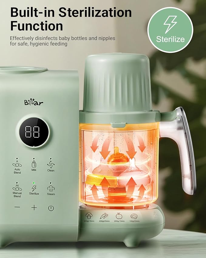 Bear Baby Food Maker with Two Layer Steam Baskets, Multifunction Baby Food Processor Steamer Puree Blender, Baby Food Mill with Bottle Warming Sterili-zing Auto Cleaning Function, BPA-Free