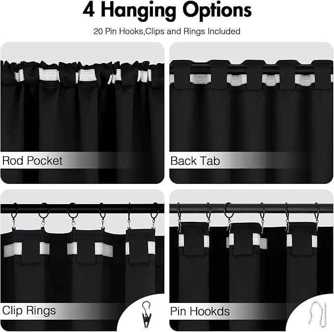 ANRODUO Back Tab Blackout Curtains for Bedroom Living Room, Rod Pocket Pinch Pleated Thermal Insulated Room Darkening Curtains 36 Inches Long 2 Panels, Black, 42 x 36 Inch