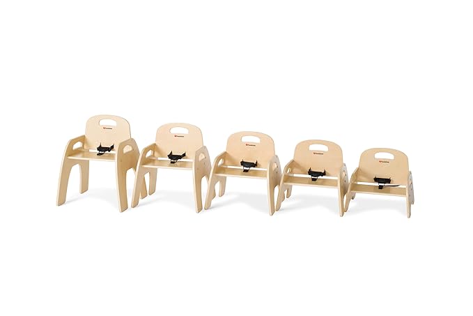 Foundations Simple Sitter 13” Low Wood Feeding Chairs, Wide No-Tip Base, Adjustable Safety Harness, Stackable Wood Toddler Chairs with Food Service Grade Finish, 2 Pack