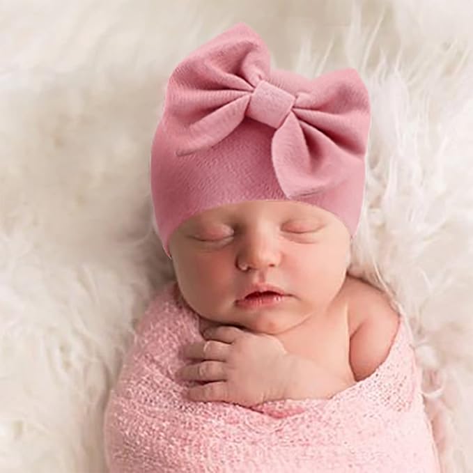 BQUBO Newborn Baby Hats Mittens Set Hospital Hat Beanie Infant Bow Hats Baby Gloves No Scratch Mittens for 0-6 Months