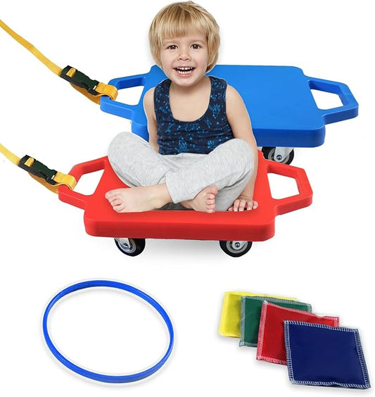 2 Plastic Scooter Boards with Handles for Kids Sitting and Sports Training, with 1 Ring, 2 Ropes and 4 Beanbags, Indoor and Outdoor Play