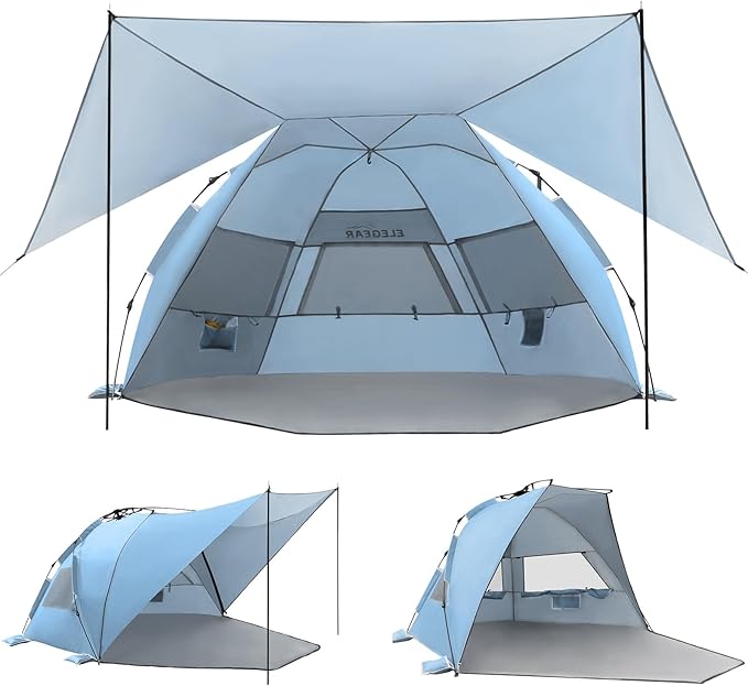 Elegear Beach Tent with Canopy, 1-Second Setup Pop Up Sun Shelter Shade, UPF 50+ UV Protection Silver-Coated Lightweight Portable Beach Cabana