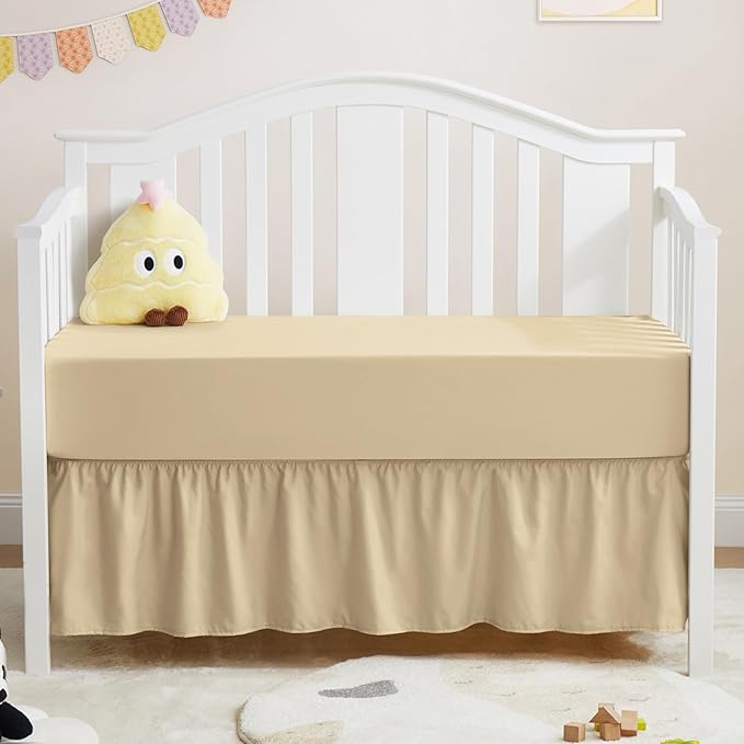 Horbaunal 2 Pack Set Crib Skirt & Crib Bed Sheet, Khaki Crib Bed Skirt 28" x 52" with 14" Drop Dust Ruffle, Soft Microfiber Toddler Bedskirt Nursery Bedding Skirt for Baby Girls and Boys