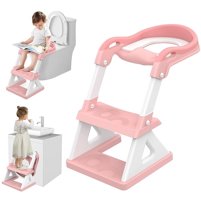 2 in 1 Potty Training Toilet Seat & Toddler Step Stool, Bottom Triangle Stability Toddler Toilet Seat, Adjustable Step & Seat Height Potty Seats for Toddlers Boys Girls (Pink)