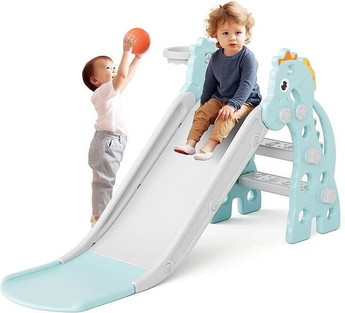 67i Toddler Slide for Indoor & Outdoor Play with Basketball Hoop, Anti-Slip Steps, 46.8in Baby Climber (Green)
