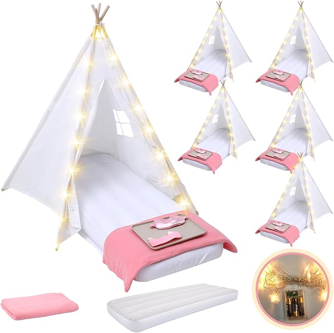 Windyun 6 Pack Kids Teepee Tent for Slumber Party Sleepover Tents for Girls Party with Air Mattress, Star Lights, Blankets Trays Sheets, Natural Cotton Toddler Play Teepee for Indoor Outdoor(White)