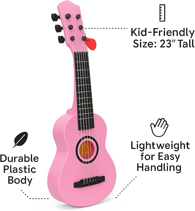 23" Acoustic Guitar, Kids 6 String Toy Guitar - Realistic Steel Strings - Beginner Practice First Musical Instrument for Children, Toddlers (Pink)