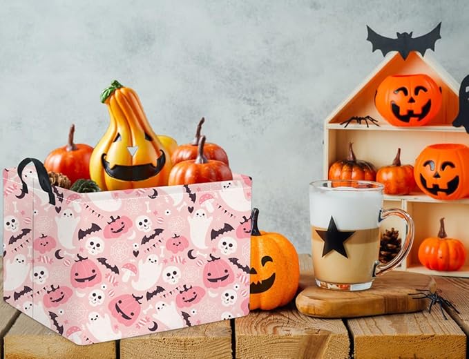 HIYAGON Rectangular Halloween Basket for Boys and Girls Kids Trick or Treat Pumpkin Basket for Halloween Parties Cute Storage Bin Organizer Box Room Decor(Pink ghost pumpkin)