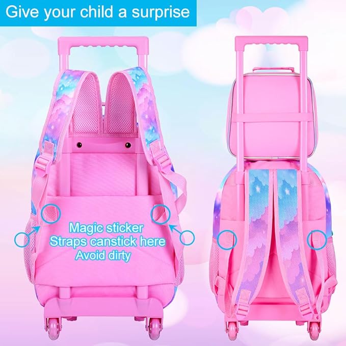 Girls Rolling Backpack, Cute Unicorn Roller Wheels Kids Bookbag - Wheeled Elementary School Bag - 3PCS Unicorn