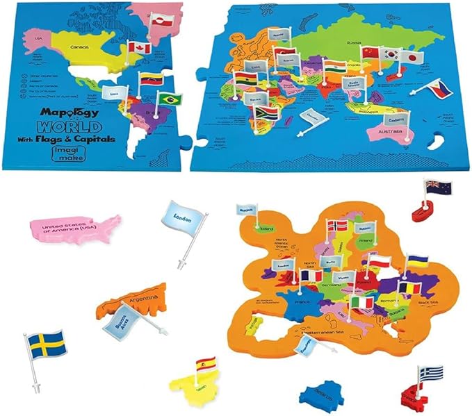 Imagimake Mapology World Map Puzzle - Includes Country Flags & Capitals | Fun Jigsaw Puzzle Kids Ages 5-8 | Educational Toys for Ages 8-13 | Geography Gifts for Girls & Boys 5, 6, 7, 8, 9, 10, 11, 12