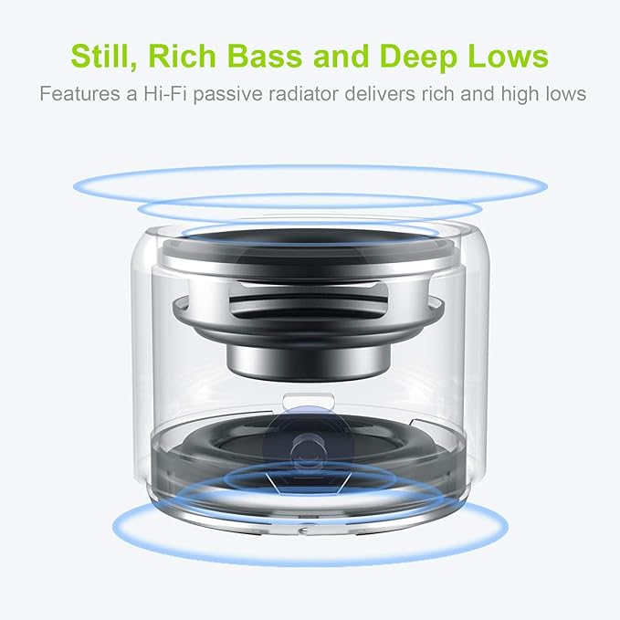 Travel Case Packed, Wireless Mini Bluetooth Speaker with Custom Bass Radiator. EWA A106, Small But Loud, The Next Generation of Portable Speakers for Home, Outdoors, Shower (Silver)1.89* 1.57 inches