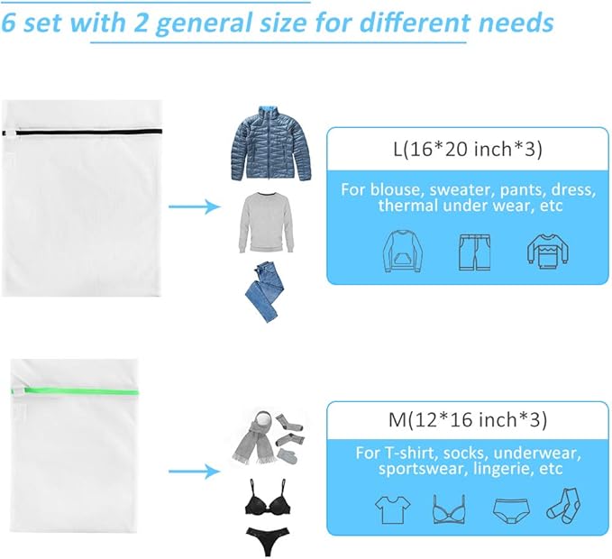 GOGOODA Mesh Laundry Bags for Delicates with Premium Zipper, Travel Storage Organize Bag, Clothing Washing Bags for Laundry, Blouse, Bra, Hosiery, Stocking, Underwear, Lingerie (6 PCS)