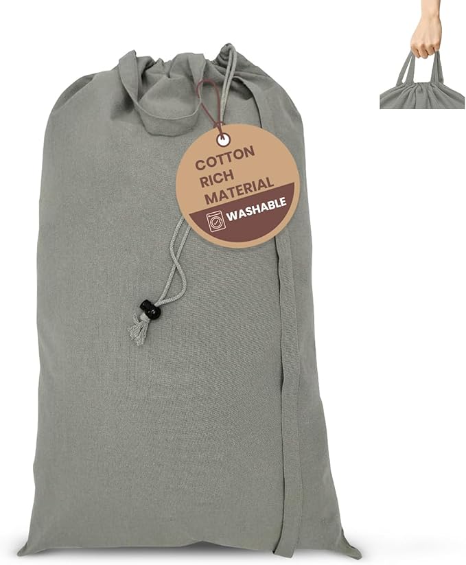LFH Home Cotton Canvas Large Laundry Bag with Handle, Heavy Duty Drawstring Closure Washable Laundry Bags, School Travel, Home, Hotel, College Dorm, Organizer Sack, Toys Clothes 20x30-Grey