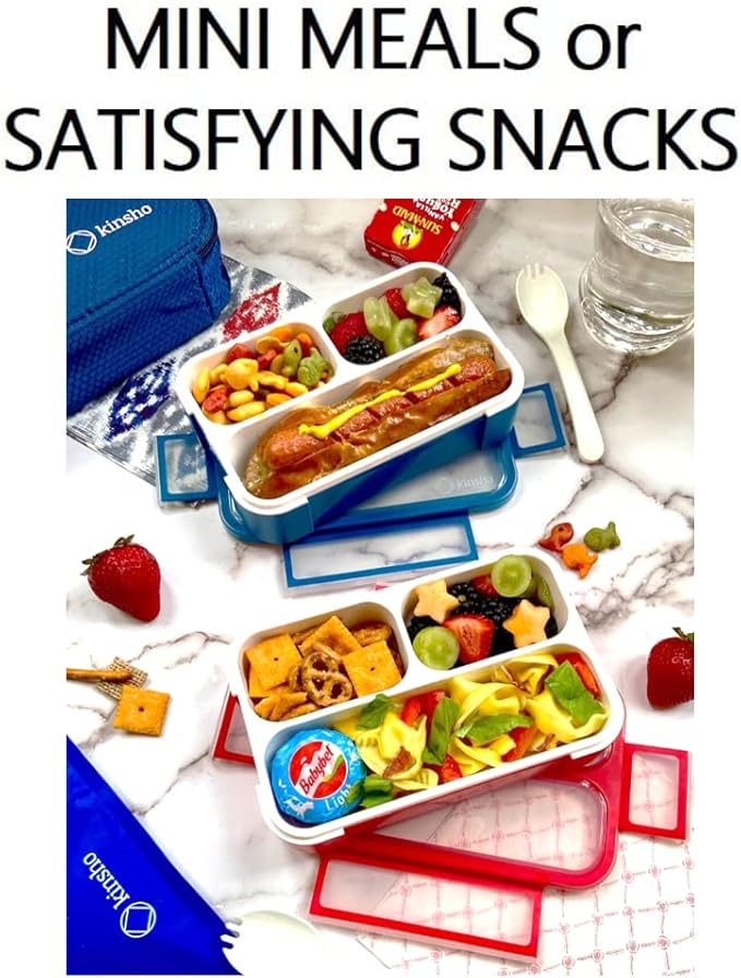 kinsho Snack Containers - Small Bento Lunch Box for Kids Girls Boys Toddlers | MINI Leakproof Boxes, Baby Bentobox for School Daycare Travel, Portion Containers, 2 pack, Red Navy Blue