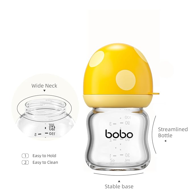 YOHKOH Natural Glass Baby Bottle with Natural Response Nipple, Newborn Anti-Colic Baby Bottles, Wide Neck Mushroom Cap Baby Bottle, Clear (Multicolour1, 3.4oz (Pack of 2))