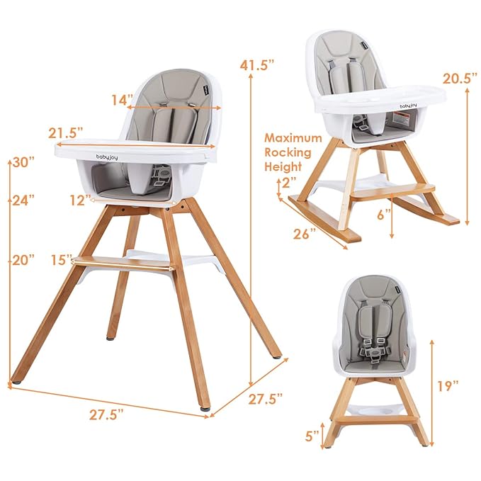 BABY JOY 3 in 1 High Chair, Baby Eat & Grow Convertible Wooden High Chair/Rocking Chair/Booster Seat/Toddler Chair, Infant Dining Chairs w/Double Removable Tray, 5-Point Seat Belt & PU Cushion, Gray