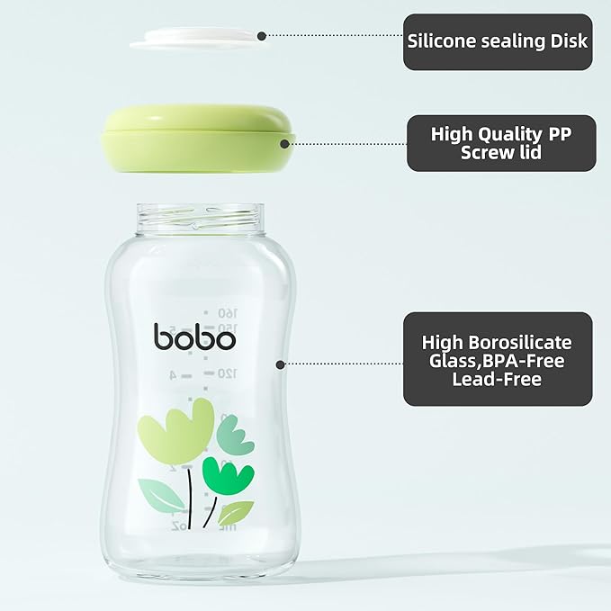 YOHKOH Breast Milk Storage Bottles - Wide Neck Glass Breastmilk Storage Bottles with Lids, BPA-Free (Multicolor1, 5.4oz (Pack of 6))