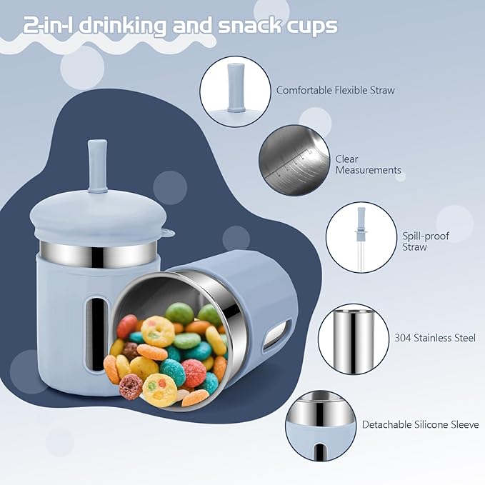 Stainless Steel Kids Cups, 12.51 oz Toddler Tumbler with Straws and Lids, Spill-Proof Baby Smoothie Cups with Silicone Sleeve, Versatile 2-in-1 Drinking Snack Cups for Kids, 4 Colors A