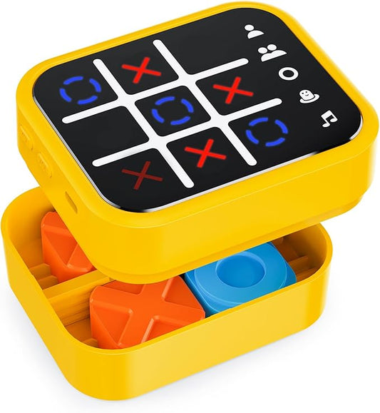 Rechargeable Tic Tac Toe Game Box with 5 Fun Brain Memory Games, Electronic Touchscreen Handheld Game, Portable Digital Puzzle Board Travel Toy, Gifts Choice for Kids and Adults(Yellow)