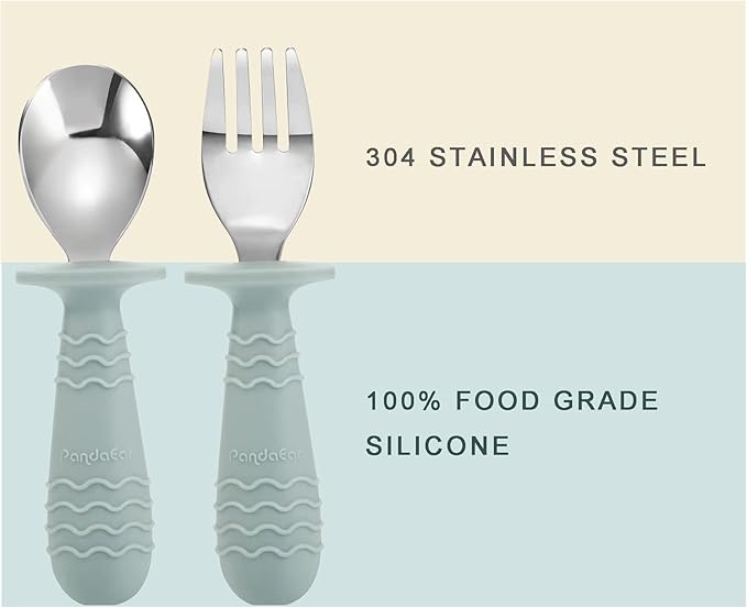 PandaEar 6 Pieces Baby Toddler Silicone Stainless Steel Utensils Silverware Spoon Fork for Baby Toddler BPA Free with Silicone Holding Anti-Choke Design (Blue Pink White)