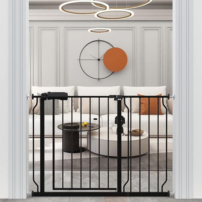 WAOWAO Baby Gate 43.31-48.03" Extra Wide Pressure Mounted Walk Through Swing Auto Close Safety Black Metal Toddler Kids Child Dog Pet Puppy for Stairs,Doorways,Kitchen