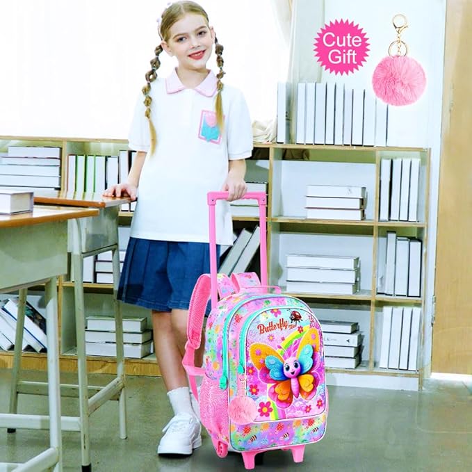 gxtvo Girls Rolling Backpack, Cute Butterfly Roller Wheels Kids Bookbag - Wheeled Elementary School Bag - 3PCS Butterfly