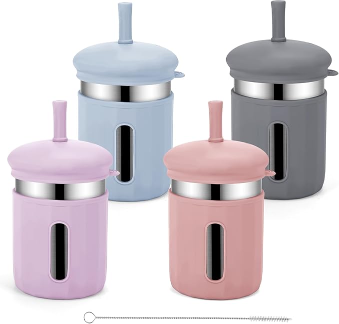 Stainless Steel Kids Cups, 12.51 oz Toddler Tumbler with Straws and Lids, Spill-Proof Baby Smoothie Cups with Silicone Sleeve, Versatile 2-in-1 Drinking Snack Cups for Kids, 4 Colors A