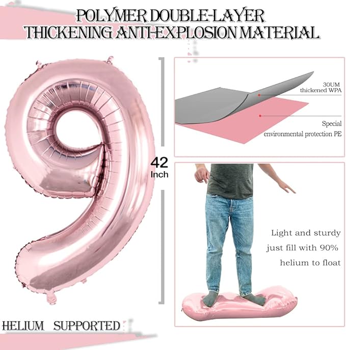 GOER Rose Gold Foil Balloons Number 9,Huge Number Balloons for 9th Birthday Party Supplies Anniversary Decorations(3 pcs,42 inch,32 inc,16inch)