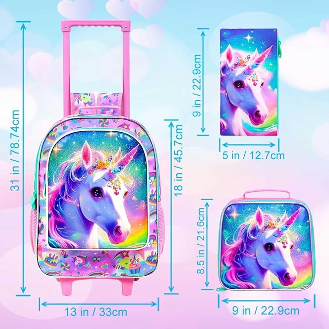 gxtvo Girls Rolling Backpack, Cute Unicorn Roller Wheels Kids Bookbag - Wheeled Elementary School Bag - 3PCS Unicorn