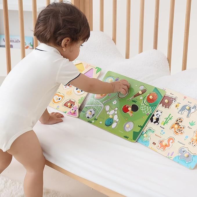 GRINNNIE 9 Pack Montessori Toddler Puzzle for 3 4 5 Years Old, Wooden Learning Puzzle for Toddlers 3-5, Animal, Alphabet, Number, Shape Peg Puzzles Set, Great Birthday for Boys Girls
