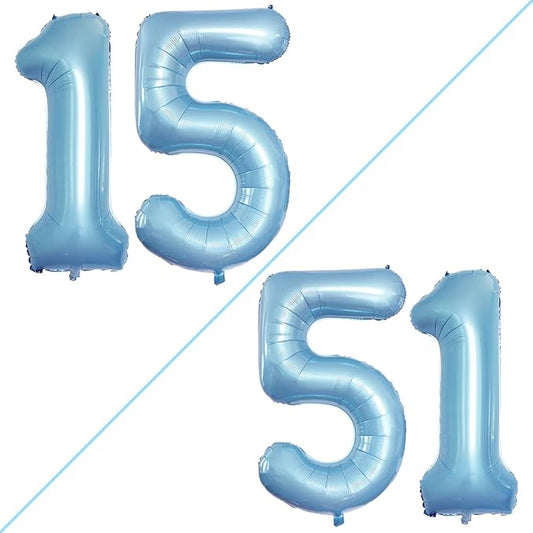 GOER Number 15 Balloons for 15th Birthday Sweet 15 Party Decorations,42 Inch Jumbo Foil Helium 51 Balloons for 51st Birthday Party Decoration (Light Blue)