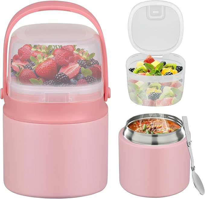 2 - in - 1 Soup Thermo for Hot Food 14oz with Snack Box Container Leak Proof Insulated Lunch Container Kids and Adults Stainless Steel Double Wall Vacuum Wide-mouth Thermal with Spoon and Handle