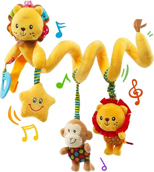 Jollybaby Crib Stroller Car Seat Toys for Baby 0-3-6-9-12 Months, Tummy Time Hanging Sensory Toys for Newborn with Music Box and Teether, Spiral Carseat Toy for Infant Boys Girls Gifts (Little Lion)