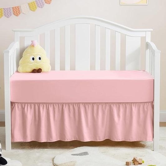 Horbaunal 2 Pack Set Crib Skirt & Crib Bed Sheet, Pink Crib Bed Skirt 28" x 52" with 14" Drop Dust Ruffle, Soft Microfiber Toddler Bedskirt Nursery Bedding Skirt for Baby Girls and Boys
