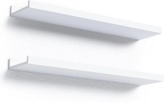 23.6 Inches Long Floating Shelves Wall Mounted, 2 Set Modern White Wall Shelf for Bedroom, Nursery Book Shelf with Lip, Picture Ledge Shelf for Wall Decor Living Room Bathroom Kitchen- White