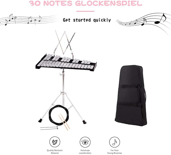 Giantex Percussion Glockenspiel Bell Kit 30 Notes with Carry Case, Practice Pad, Adjustable Height Stand, Bell Mallets, Wooden Sticks, Music Stand, Xylophone Percussion Instrument Set