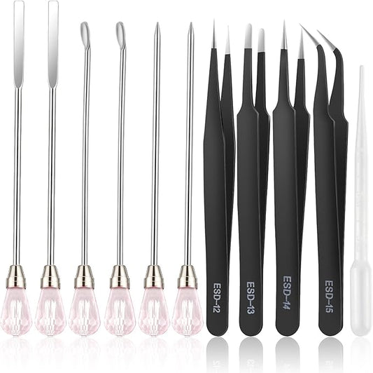 11 Pcs Resin Spoon Tools Kit-Metal Stir Sticks Resin Spoons Poke Needle with Anti-Static Stainless Steel Precision Tweezers Set for Resin Crafts,Jewelry Making,DIY Epoxy Silicone Resin Molds(Pink)