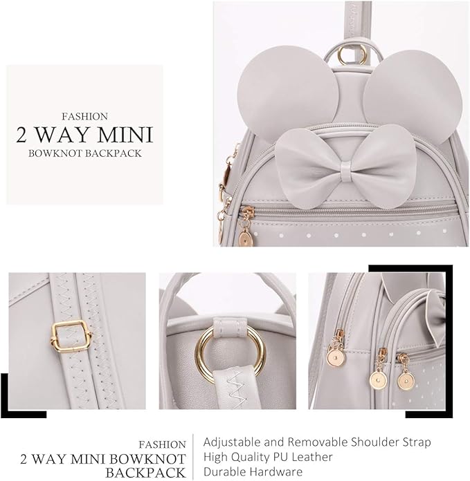 KL928 Girls Bowknot Polka Dot Cute Mini Backpack Small Daypacks Convertible Shoulder Bag Purse for Women