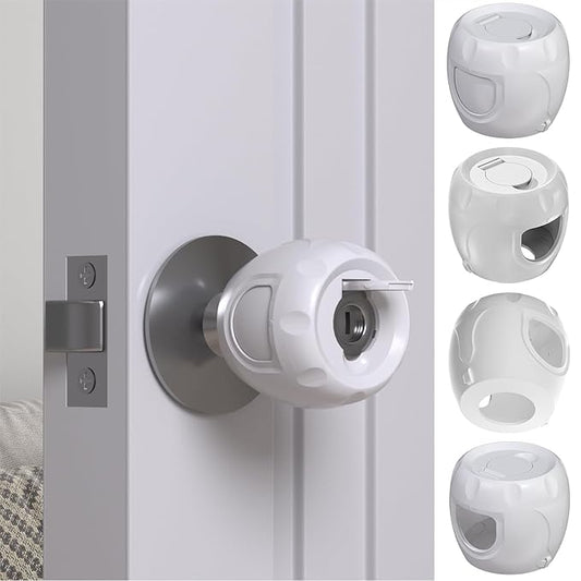 Innovative Door Knob Safety Cover for Kids (4 Pack) New Hidden Holes Covers and Lockable Design Babyproof Door knob Handle Cover - No Screwdriver or Tools Needs