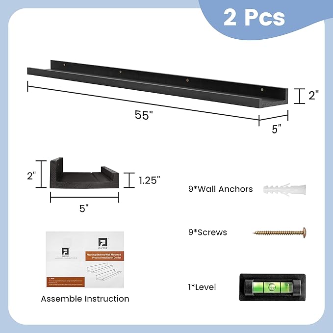 Picture Ledge Shelf, Floating Shelves Set of 2, Solid Pine Wood 55'' Long Large Nursery Book Shelves for Toys Storage, Kids Bookshelf for Living Room Bedroom Decor Books Photo Frames, Black