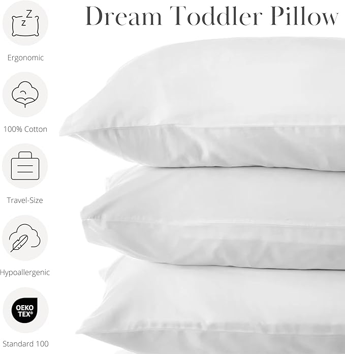 Dreamland Baby Premium Toddler Pillow and White Pillowcase, 13 x 18. Machine Washable, Ergonomic Kids Pillow + Ultra Soft Viscose Pillowcase. Mom-Owned US Business, Premium Materials