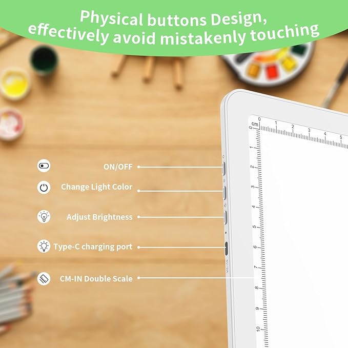 KOBAIBAN A4 Magnetic Light Box for Tracing, Rechargeable Diamond Art Light Board with Side Physical Buttons, 3 Color Light Modes Super Bright Light Pad for Diamond Painting, Weeding Vinyl (White)